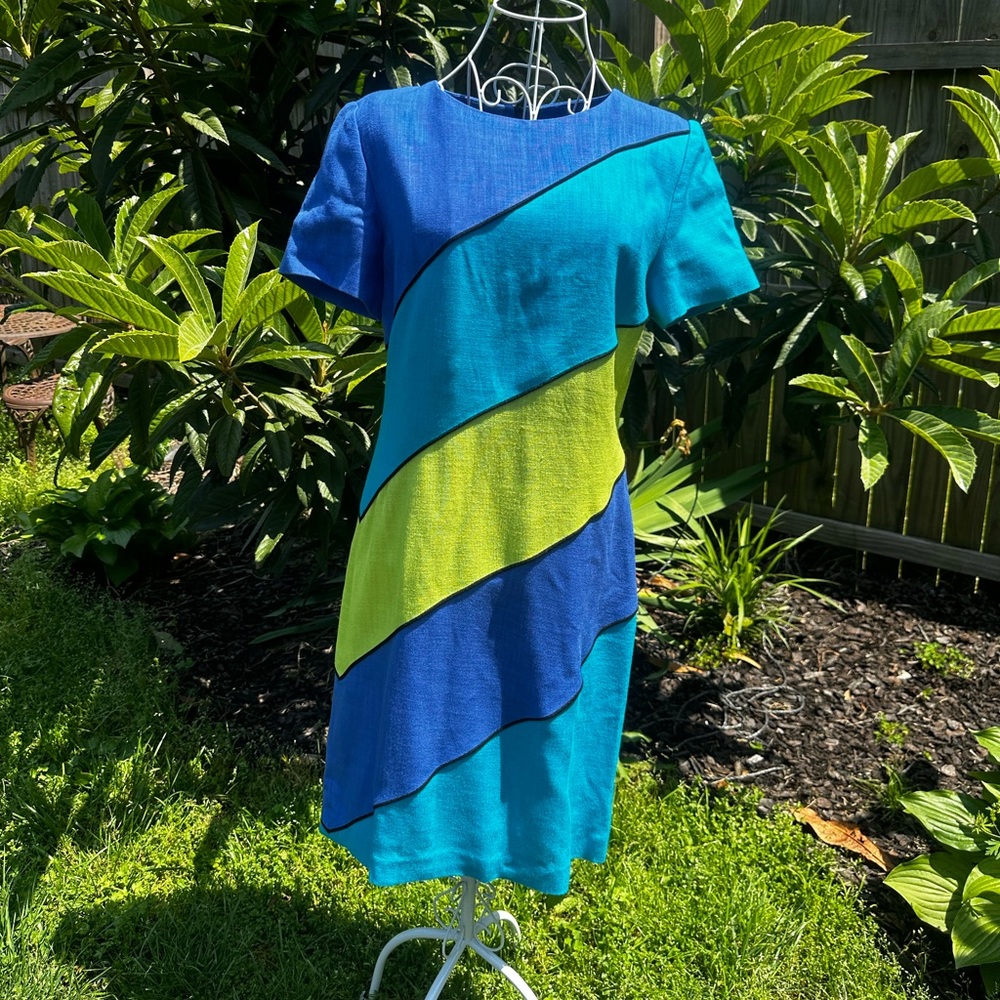 Vintage 80s Shoulder Pad David Warren Color Block Dress Size 6